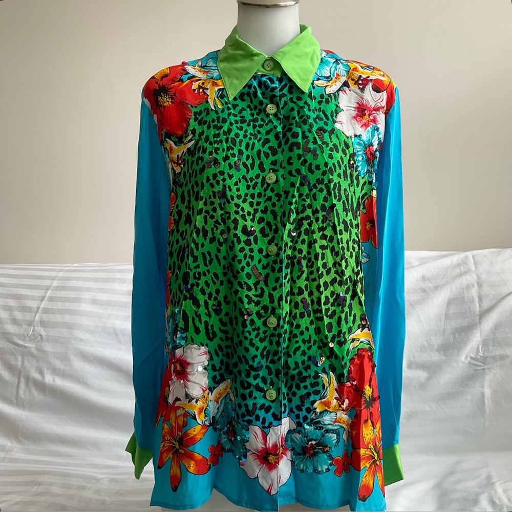 Diane Gilman | Vintage 100% Silk Leopard Floral Sequin Maximalist Blouse | M